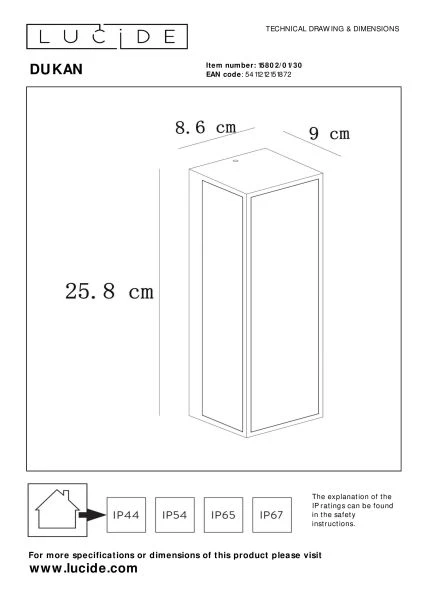 Lucide DUKAN - Wandleuchte Innen/Außen - 1xE27 - IP65 - Schwarz - TECHNISCH